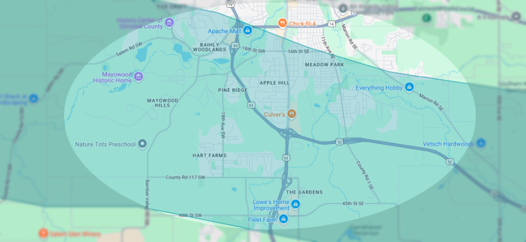 Storm damage map showing hail impact path over Rochester neighborhoods including Marihills, Institute Hills, Mayowood Hills, and Apple Ridge