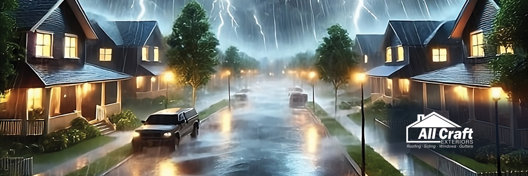 Midwestern neighborhood with homes at risk as severe thunderstorm with wind, hail, and lightning approaches