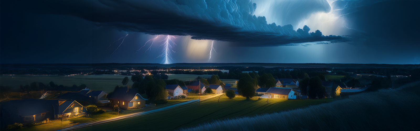 Dark storm clouds with lightning approaching a small Midwestern town