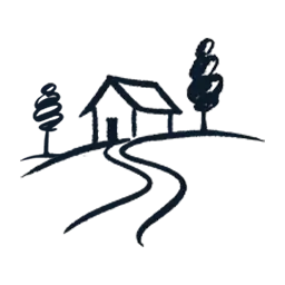 Simple line drawing of a house on a hill with trees and the sun.