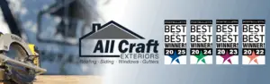 "All Craft Exteriors job trailer blended into company logo with Post Bulletin Best of the Best award ribbons for 2025, 2024, 2023, and 2022."