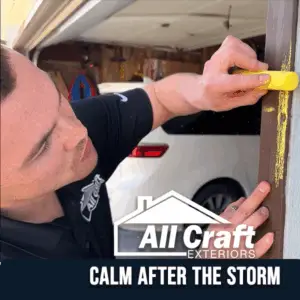 All Craft Exteriors representative Alex Slawson marking hail damage on a Rochester, Minnesota home’s siding after a storm.