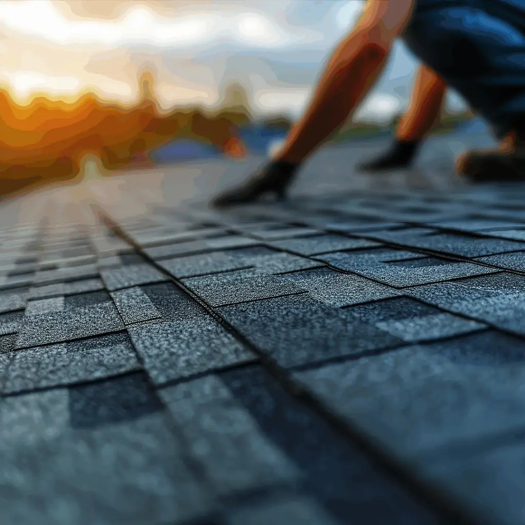 Roofing contractor installing asphalt shingles on a home.