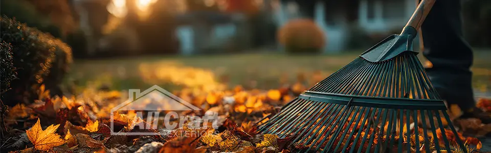 A rake and autumn leaves on a lawn, symbolizing fall home maintenance before winter, by All Craft Exteriors