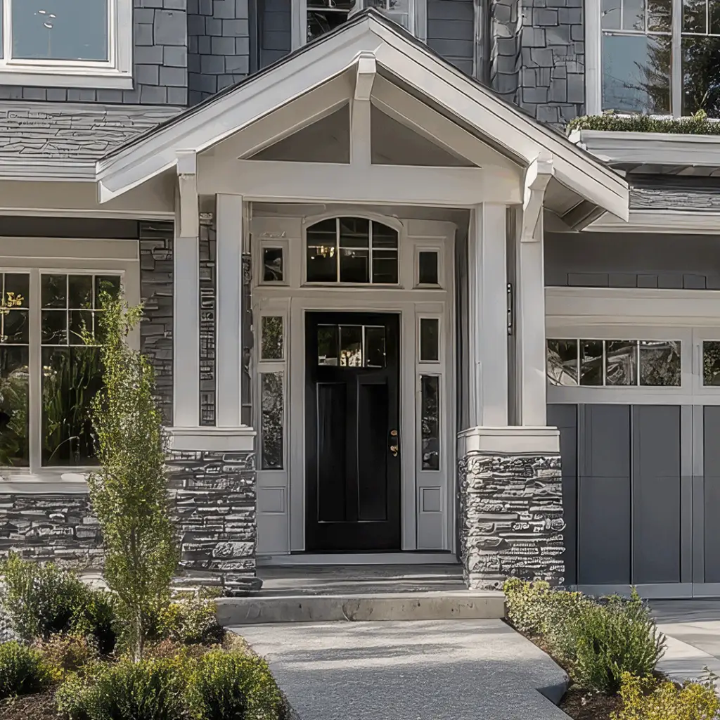 Close-up of manufactured stone veneer installed on a home exterior.