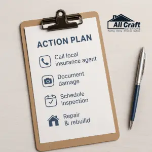 Flat-lay of a storm recovery action plan checklist with icons for calling insurance, taking photos, and scheduling roof repair, symbolizing organized home recovery.