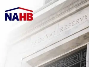Illustration of the Federal Reserve building diagonally feathered from bottom right to top left, with the NAHB logo displayed in the upper left corner.