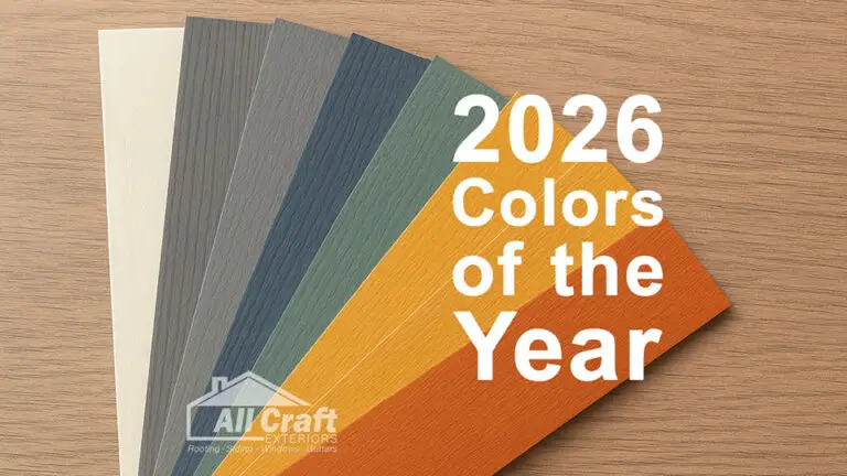 Fan deck of exterior siding colors labeled as the 2026 colors of the year with an All Craft Exteriors watermark.