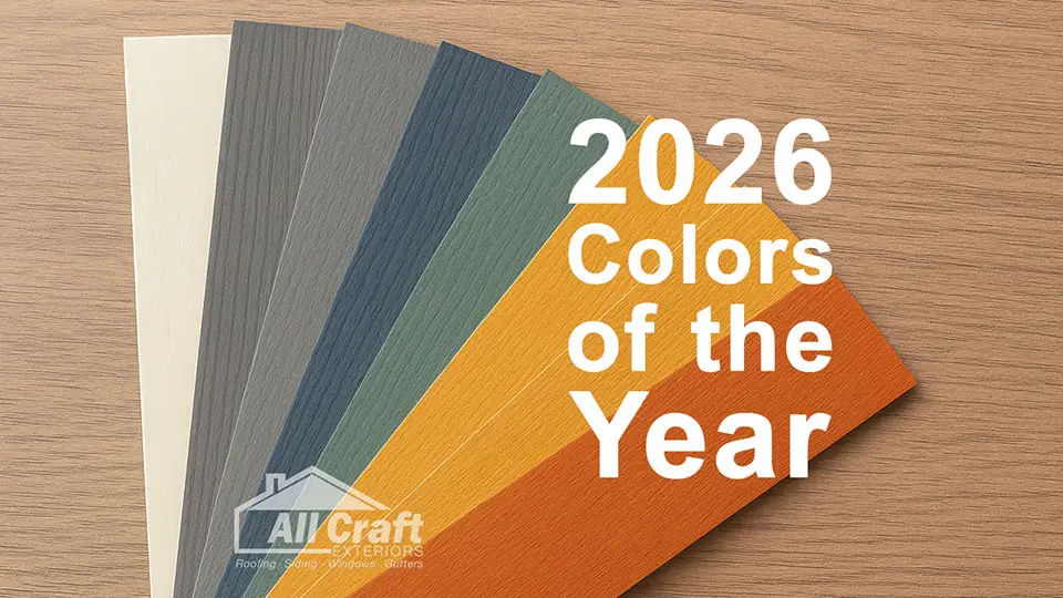 Fan deck of exterior siding colors labeled as the 2026 colors of the year with an All Craft Exteriors watermark.