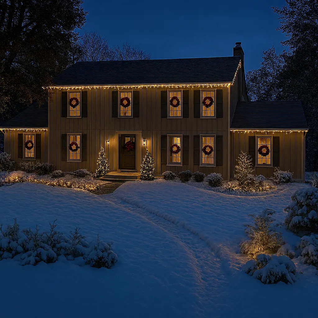 a suburban house at Christmas to illustrate an All Craft Exteriors Promotion