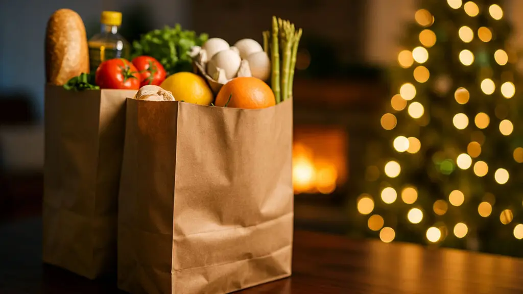 A bag full of Groceries on a table in front of a Christmas Tree