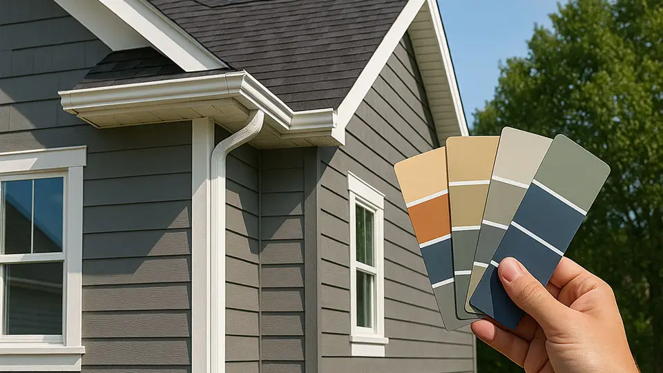 Hand holding exterior siding color swatches in front of a modern gray home, illustrating the 2026 colors of the year.