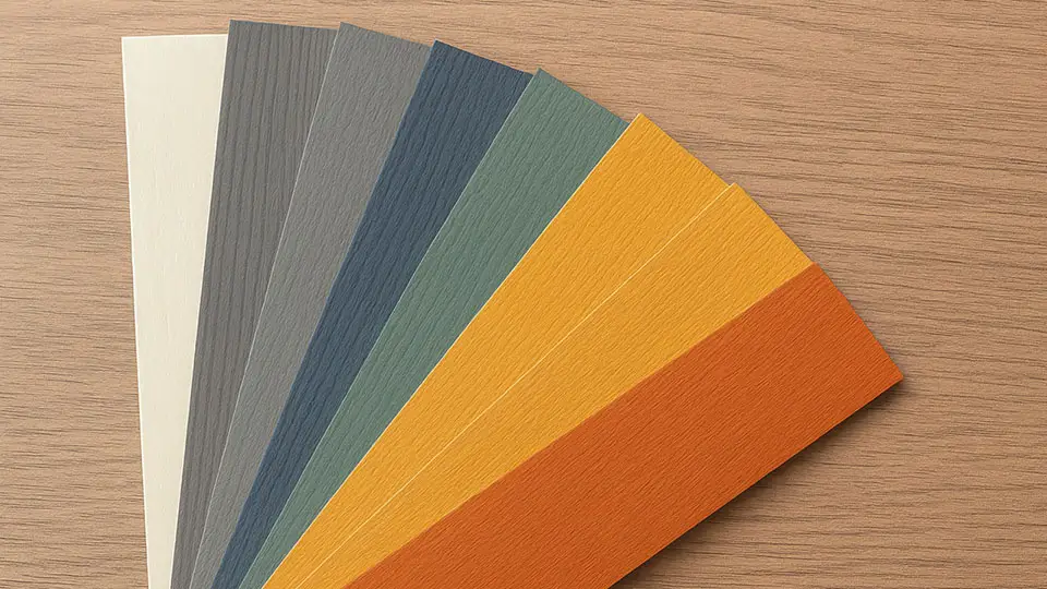 Fan of exterior siding color swatches on a wood tabletop representing the 2026 colors of the year.