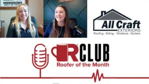 Thumbnail featuring the Roofer’s Coffee Shop logo, Alex Tolle, Jules Corsi, and the All Craft Exteriors logo for the February 2026 Roofer of the Month podcast