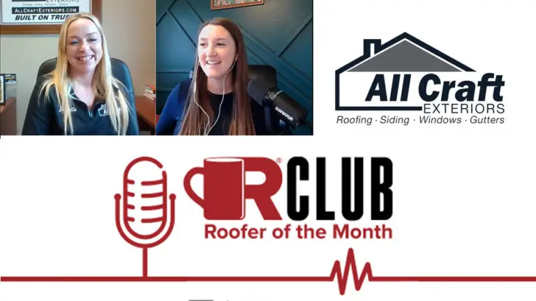 Thumbnail featuring the Roofer’s Coffee Shop logo, Alex Tolle, Jules Corsi, and the All Craft Exteriors logo for the February 2026 Roofer of the Month podcast