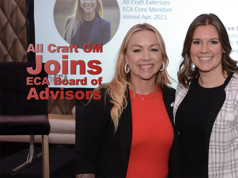 Jewels DeCorsey of All Craft Exteriors and Lee Lipniskis of Levello Construction recognized during the Exterior Contractors Alliance Advisory Board induction in 2026.