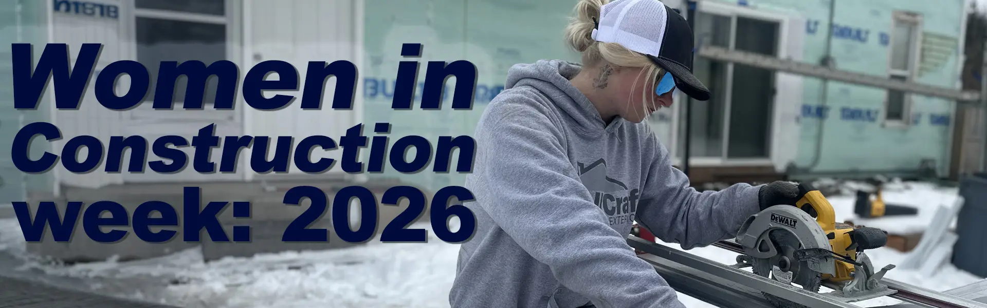 Micayla using a circular saw on a siding project during Women in Construction Week at All Craft Exteriors