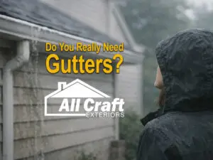 Homeowner in rain jacket looking at roof and gutters during rain in Rochester MN