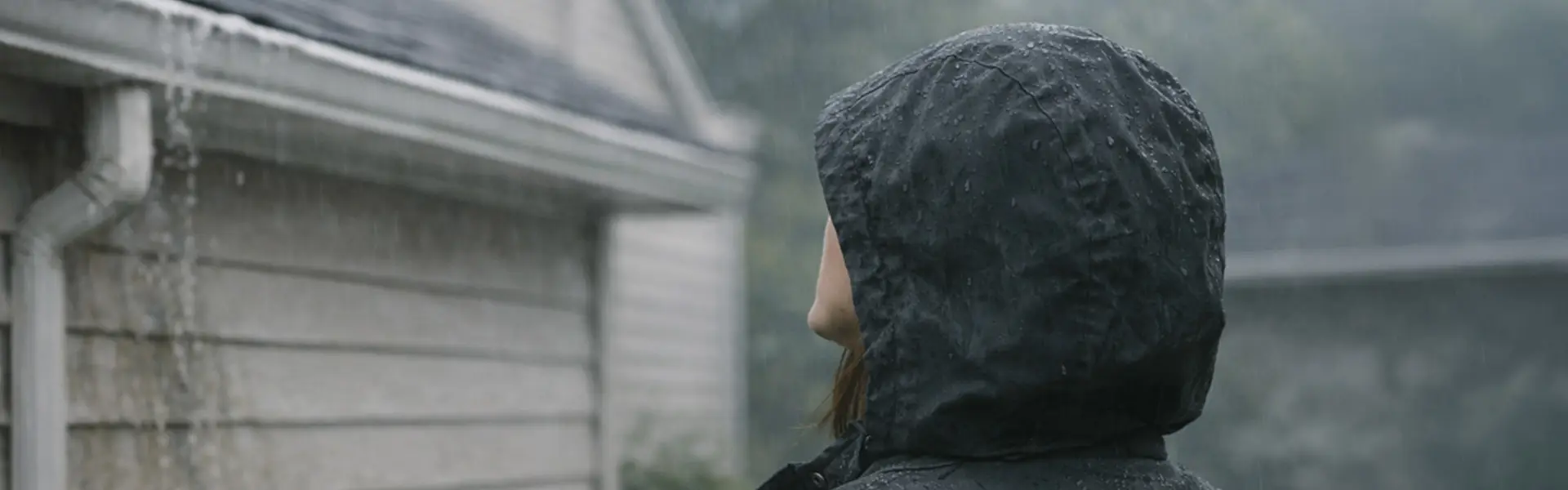 Homeowner in rain jacket looking at overflowing gutter causing water damage on home in Rochester MN