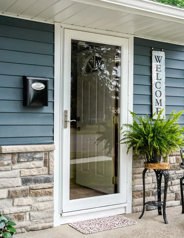 ProVia Deluxe 397 full-view storm door with large glass panel and durable aluminum frame