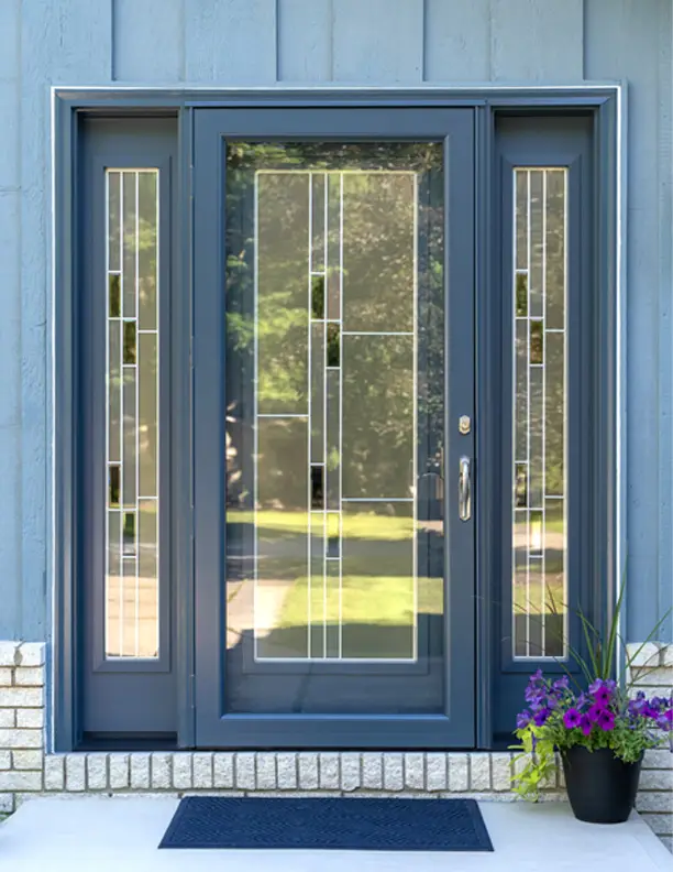 ProVia Signet 460 fiberglass entry door with decorative glass and contemporary styling