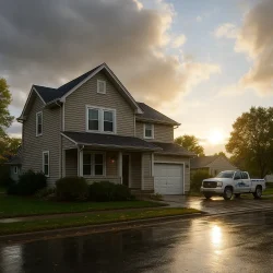 Photorealistic image of a Rochester, Minnesota home after a storm, with sunlight breaking through gray clouds and a white pickup truck parked nearby, symbolizing calm and recovery.