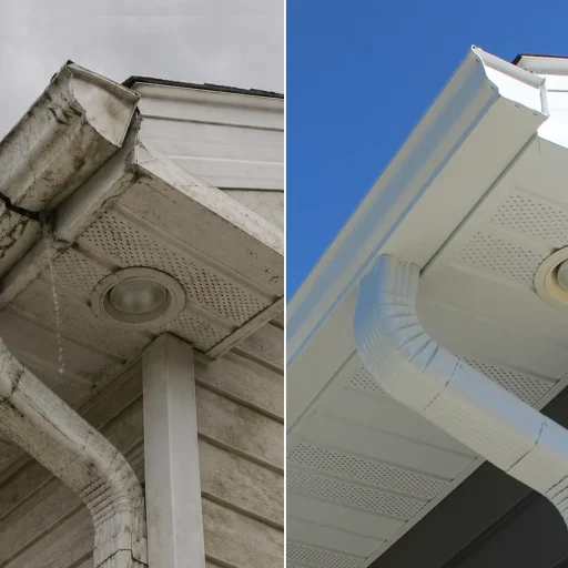 Shows contrast between old rain gutter and new rain gutter